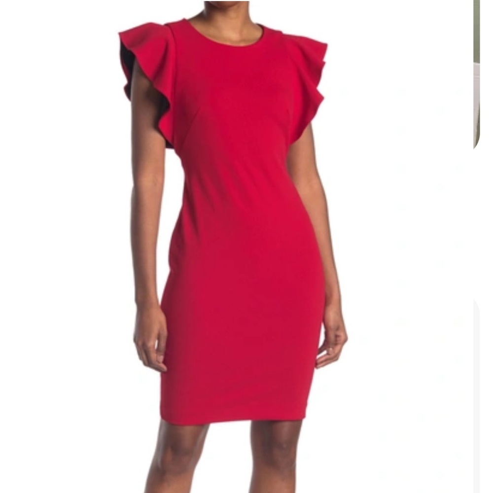 Red Tommy Hilfiger Pencil Crew neck Sheath Short flutter sleeves dress, size 8